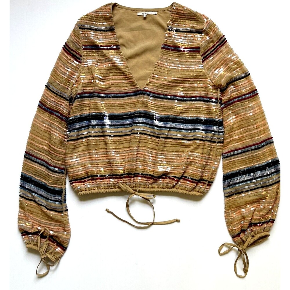 Tularosa Revolve Top Womens XS Sequin Striped Cropped Long Sleeve Cocktail Party